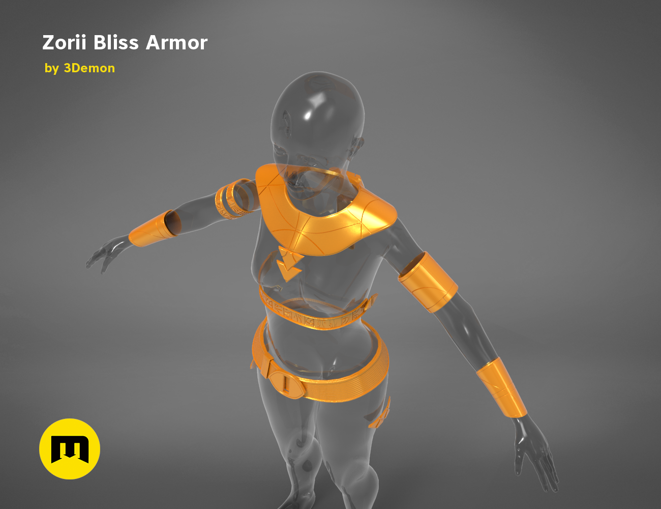 Painted 3D render of Zorii Bliss Armor, futuristic cosplay prop with orange accents, 3D print.