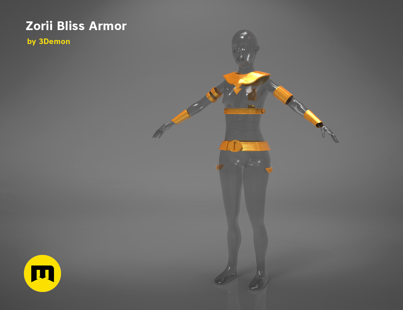 3D visualization of Zorii Bliss Armor STL, sleek grey cosplay armor with orange accents, 3D print.