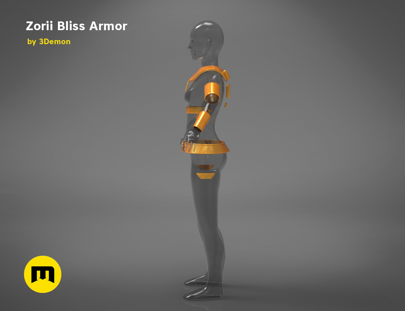 3D model render of Zorii Bliss Armor STL, sleek black cosplay armor with orange accents, 3D print.