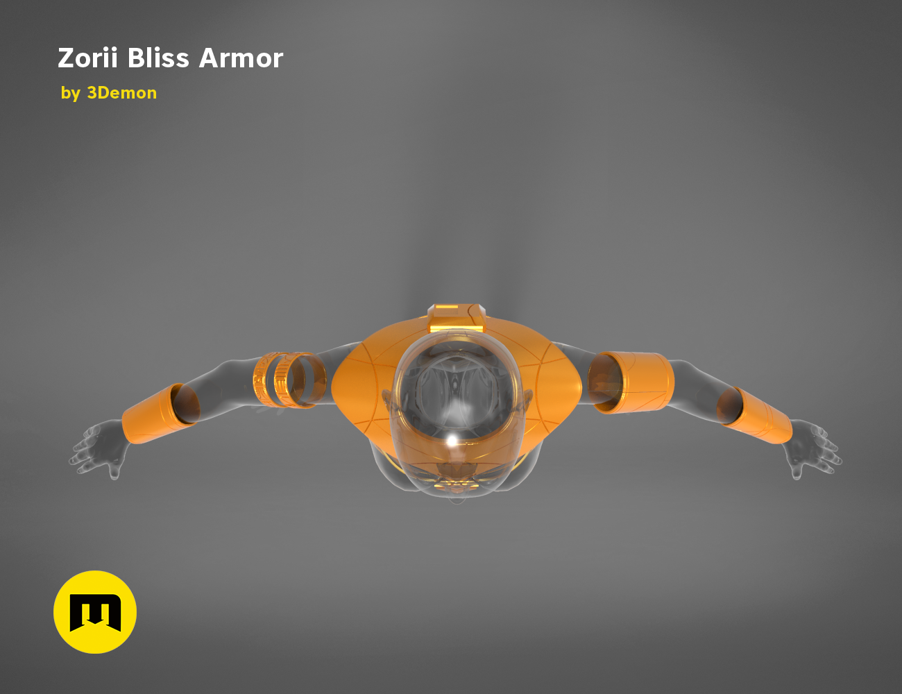 Digital 3D render of Zorii Bliss Armor STL, futuristic cosplay prop with glowing orange accents