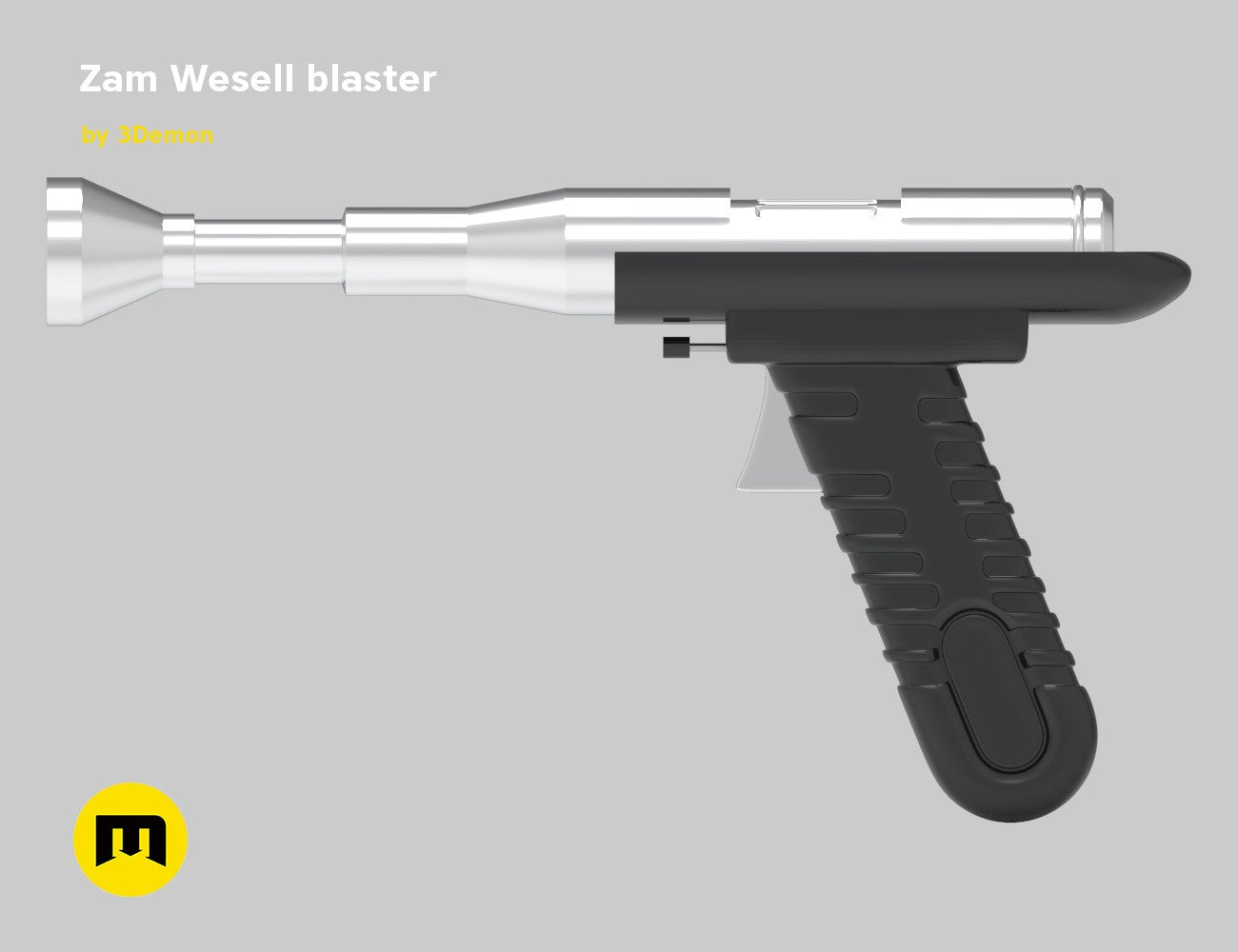 3D model of Zam Wesell blaster STL, black textured 3D printed cosplay prop, side view