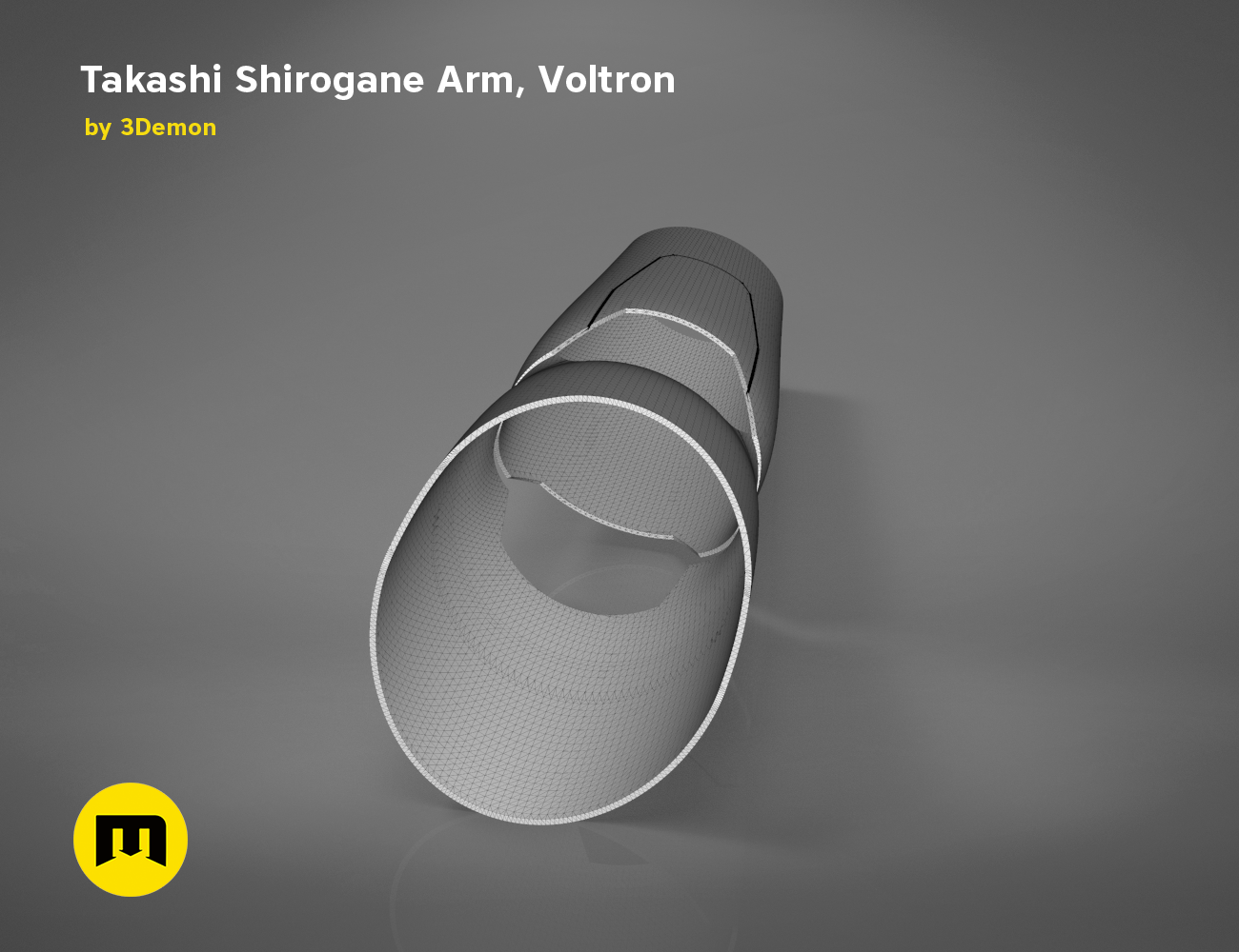 3D model render of Takashi Shirogane Arm from Voltron STL, grey mesh side view, 3D print cosplay prop
