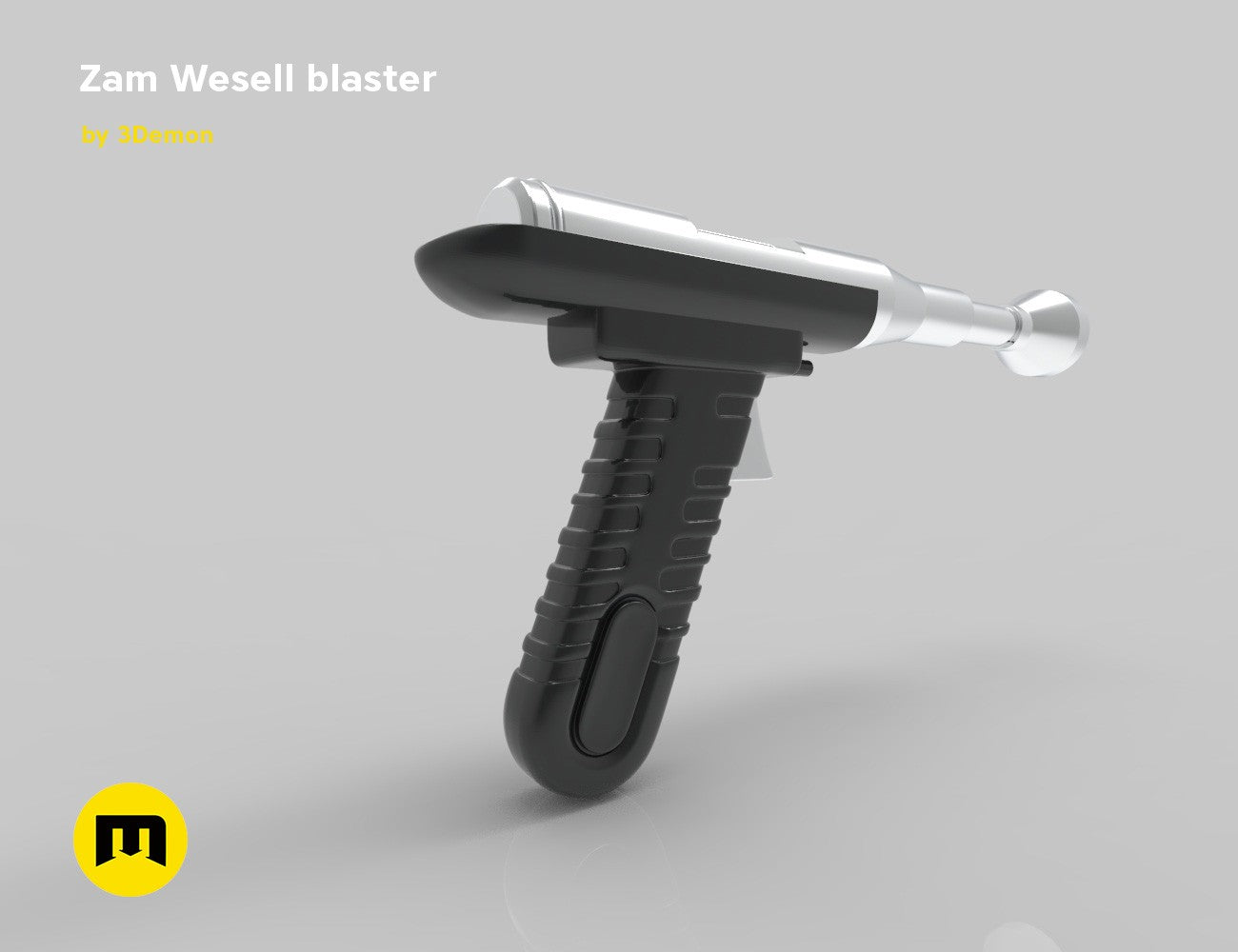 3D model render of Zam Wesell blaster STL, black textured grip with metallic barrel, 3D print cosplay prop