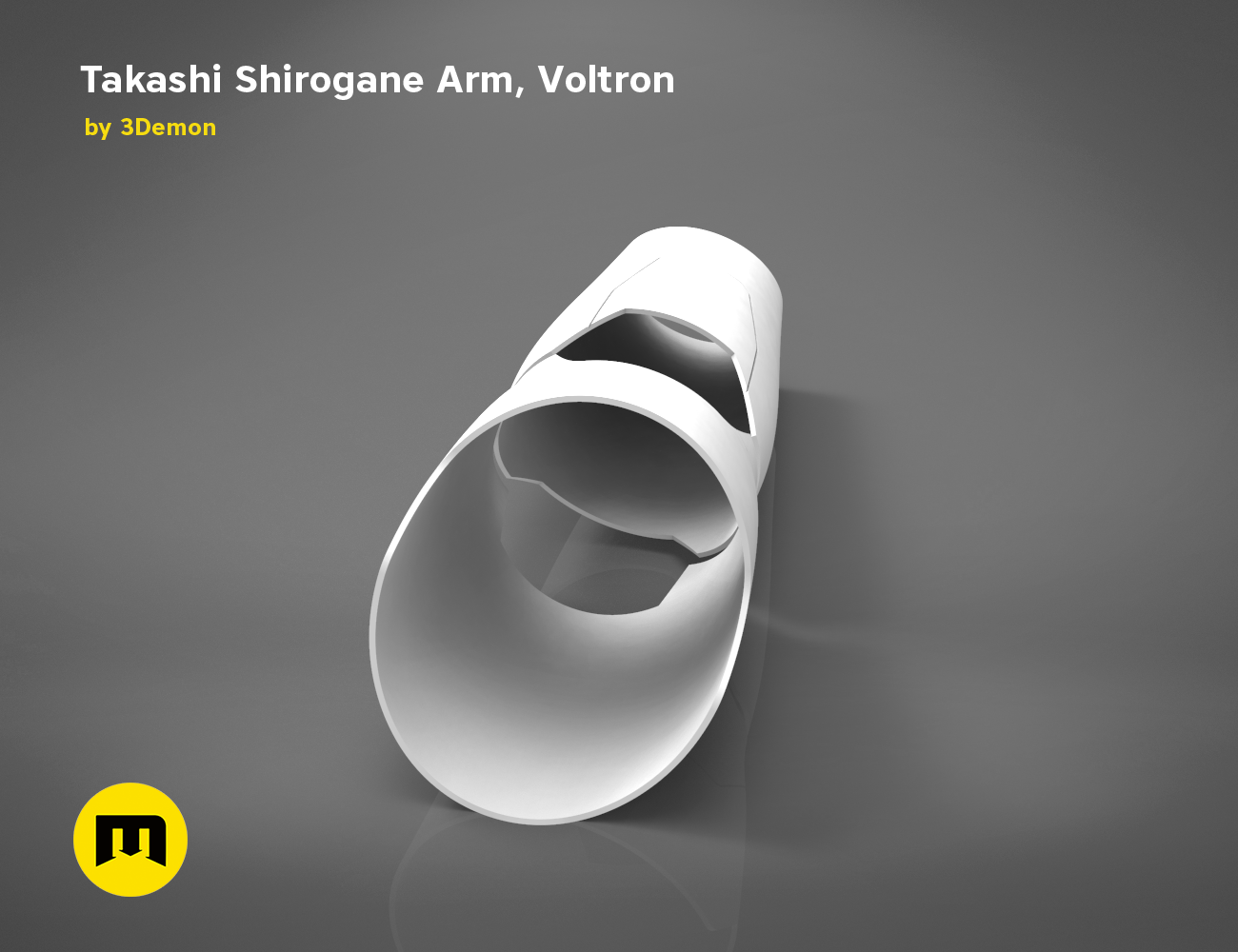 3D visualization of Takashi Shirogane Arm from Voltron, white 3D printed cosplay prop, side view