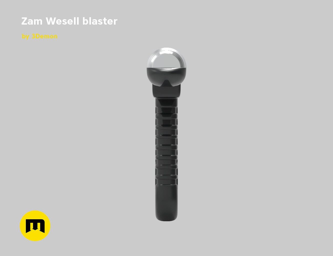 3D visualization of Zam Wesell blaster STL, black textured 3D print cosplay prop, front view