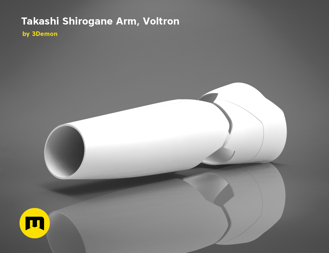 CAD render of Takashi Shirogane Arm from Voltron, white 3D printed cosplay prop, elbow joint detail.