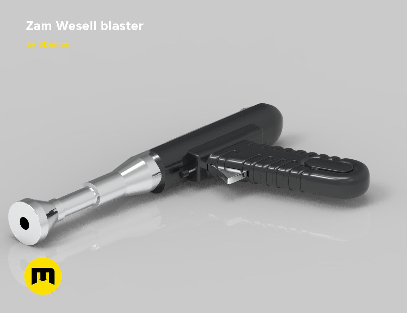 CAD render of Zam Wesell blaster STL, black and silver 3D printed cosplay prop, side view
