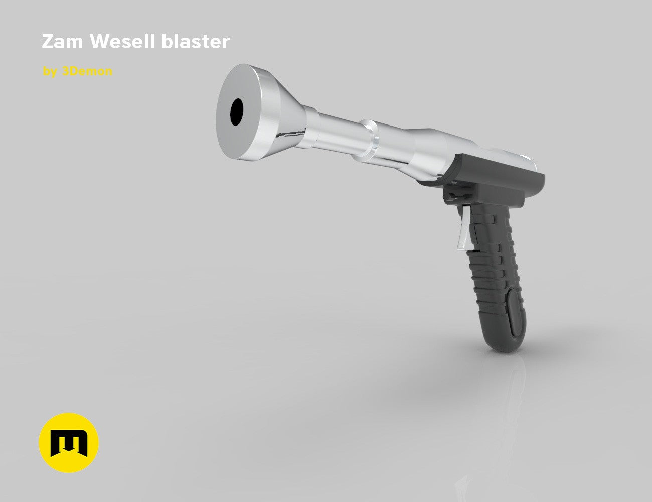 CAD render of Zam Wesell blaster STL, futuristic pistol grip with metallic barrel, 3D print cosplay prop.