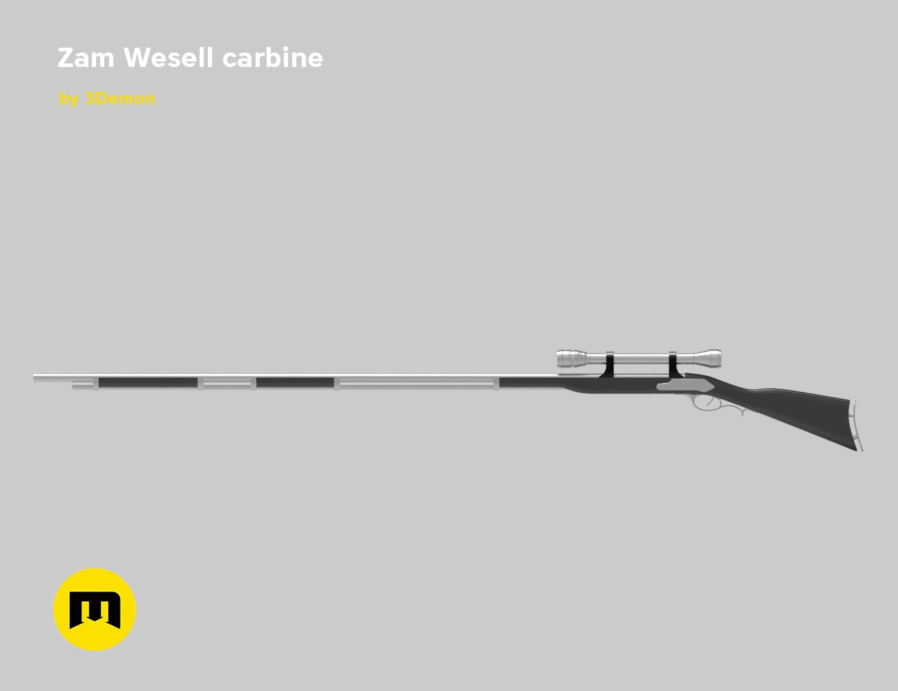 CGI render of Zam Wesell Bundle, black textured carbine with scope, 3D print cosplay prop