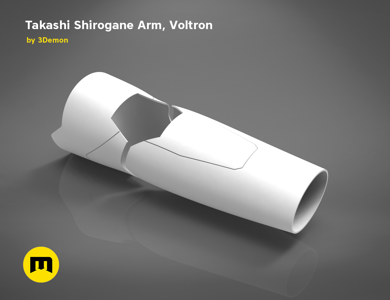 Digital 3D render of Takashi Shirogane Arm from Voltron, white 3D print cosplay prop, side view.
