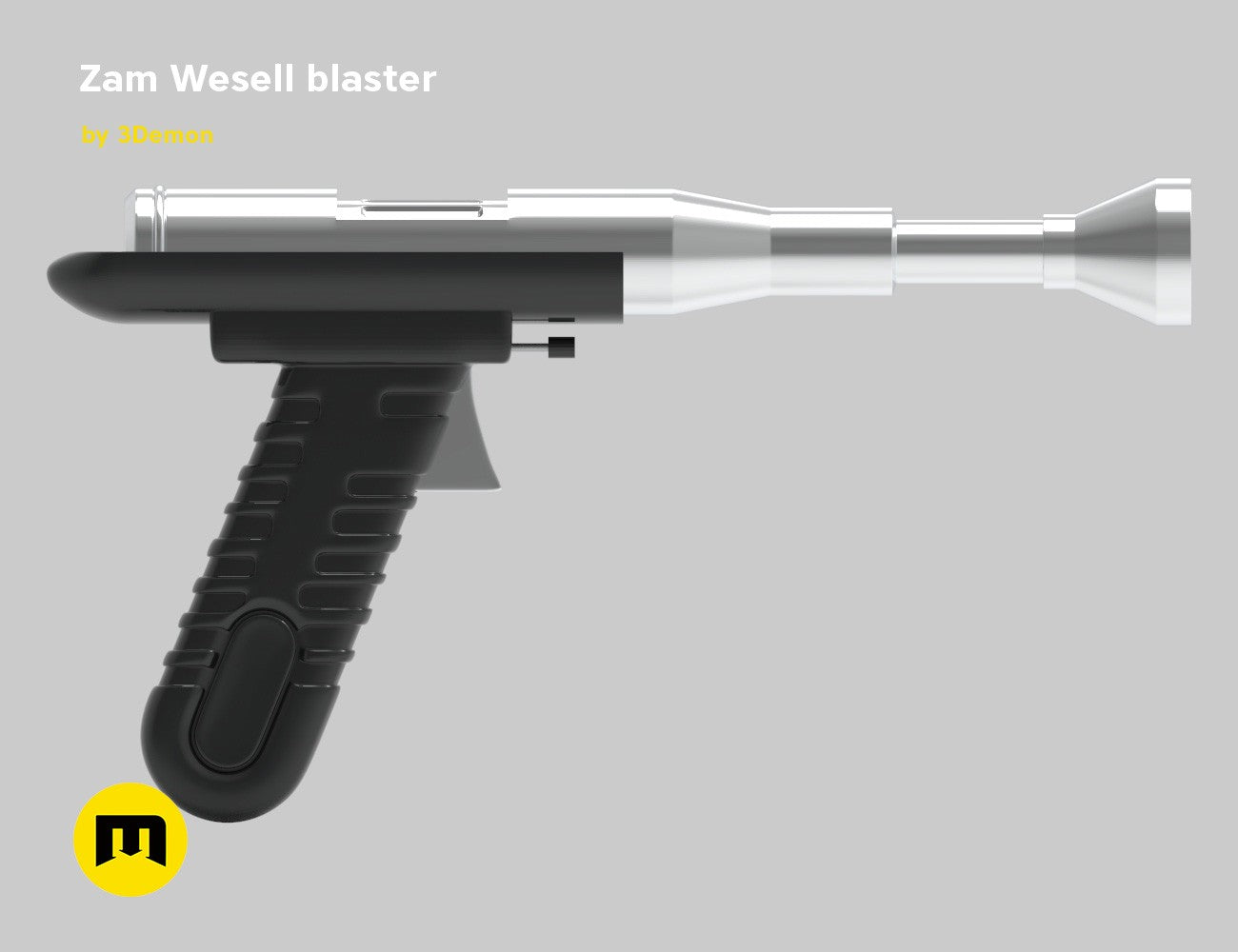 Digital 3D render of Zam Wesell blaster STL, black textured grip with silver barrel, 3D print cosplay prop