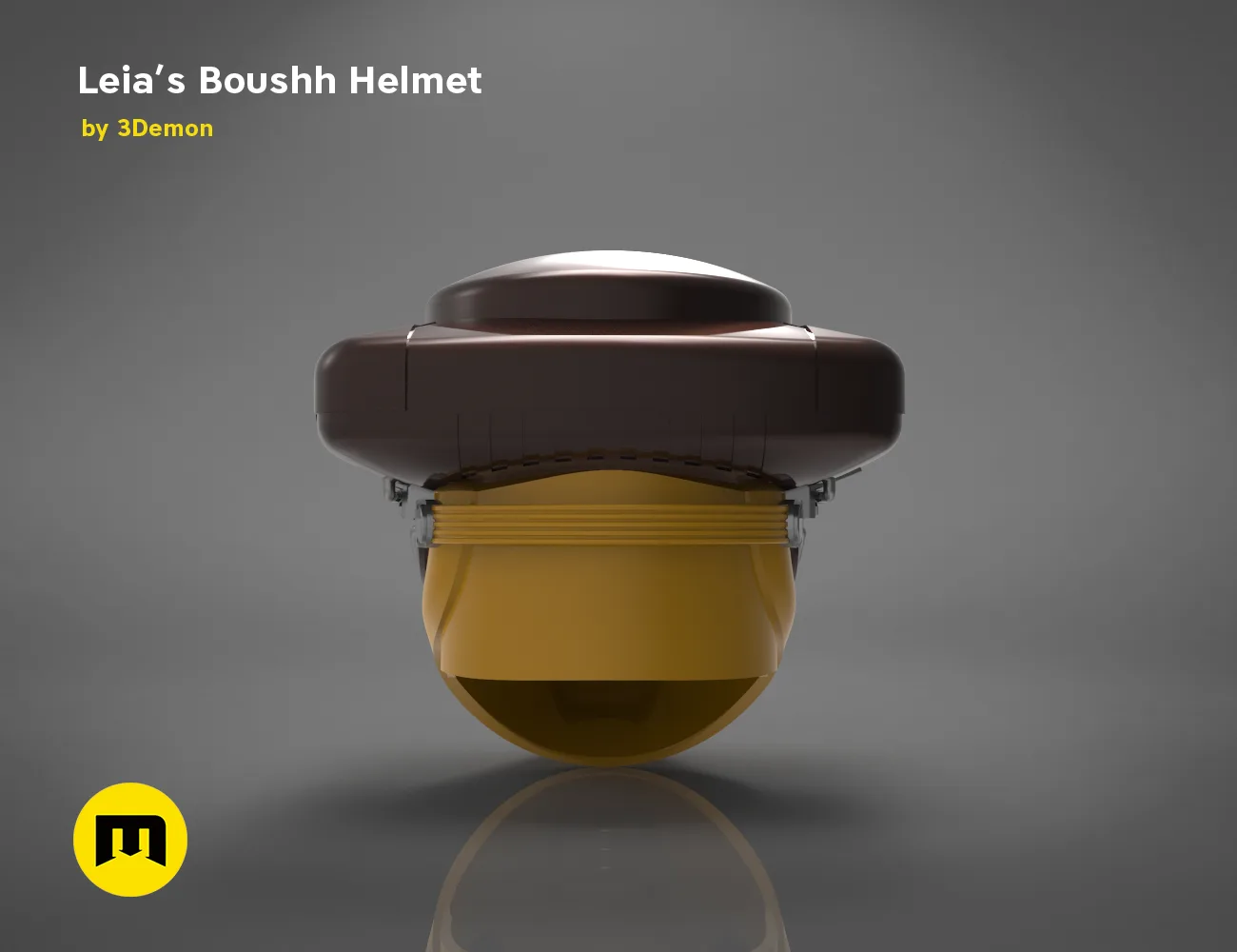 CAD render of Leia's Boushh Helmet STL, front view yellow visor and brown dome, 3D print cosplay prop
