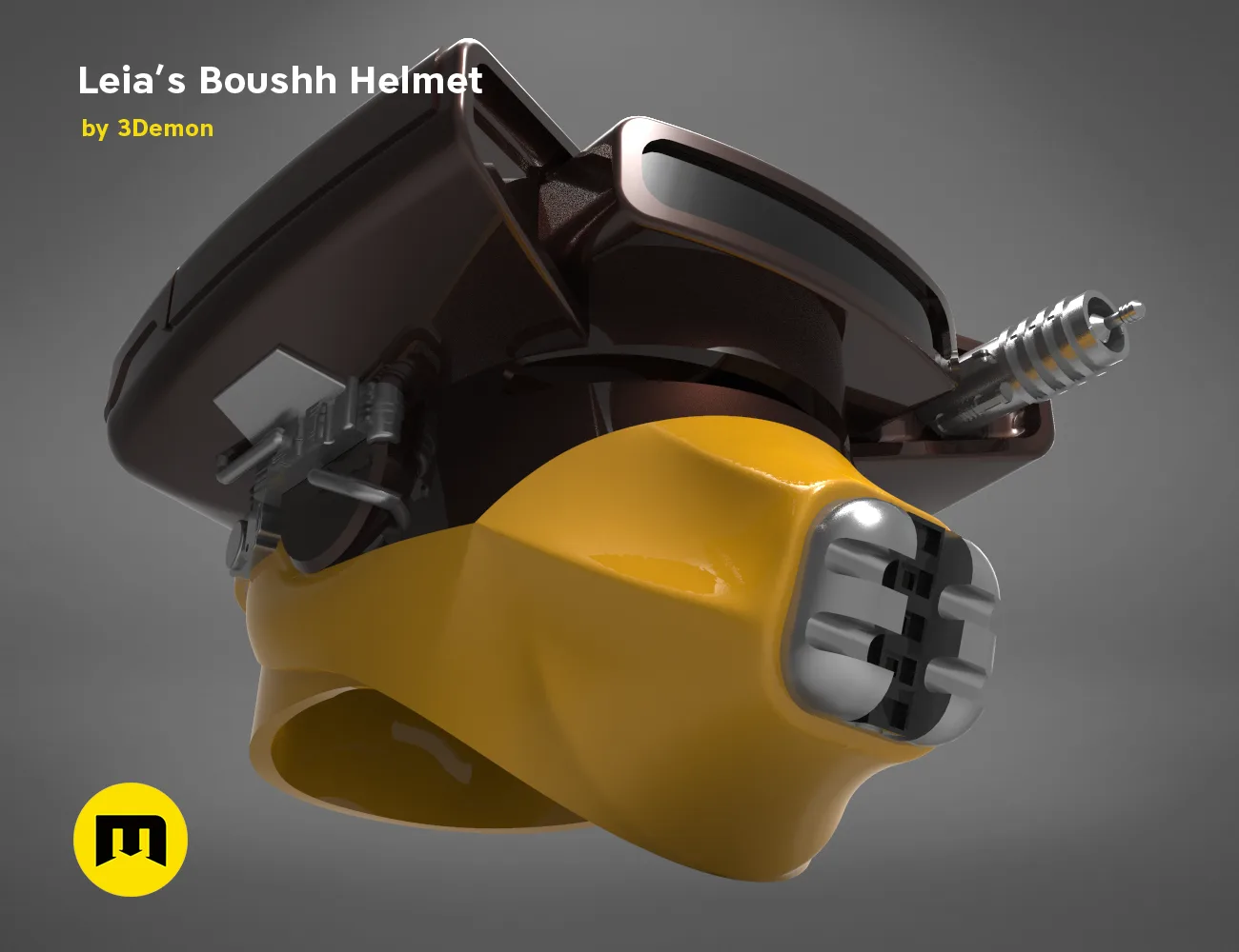 Printable 3D model of Leia's Boushh Helmet, yellow and black textured cosplay prop, 3D print.