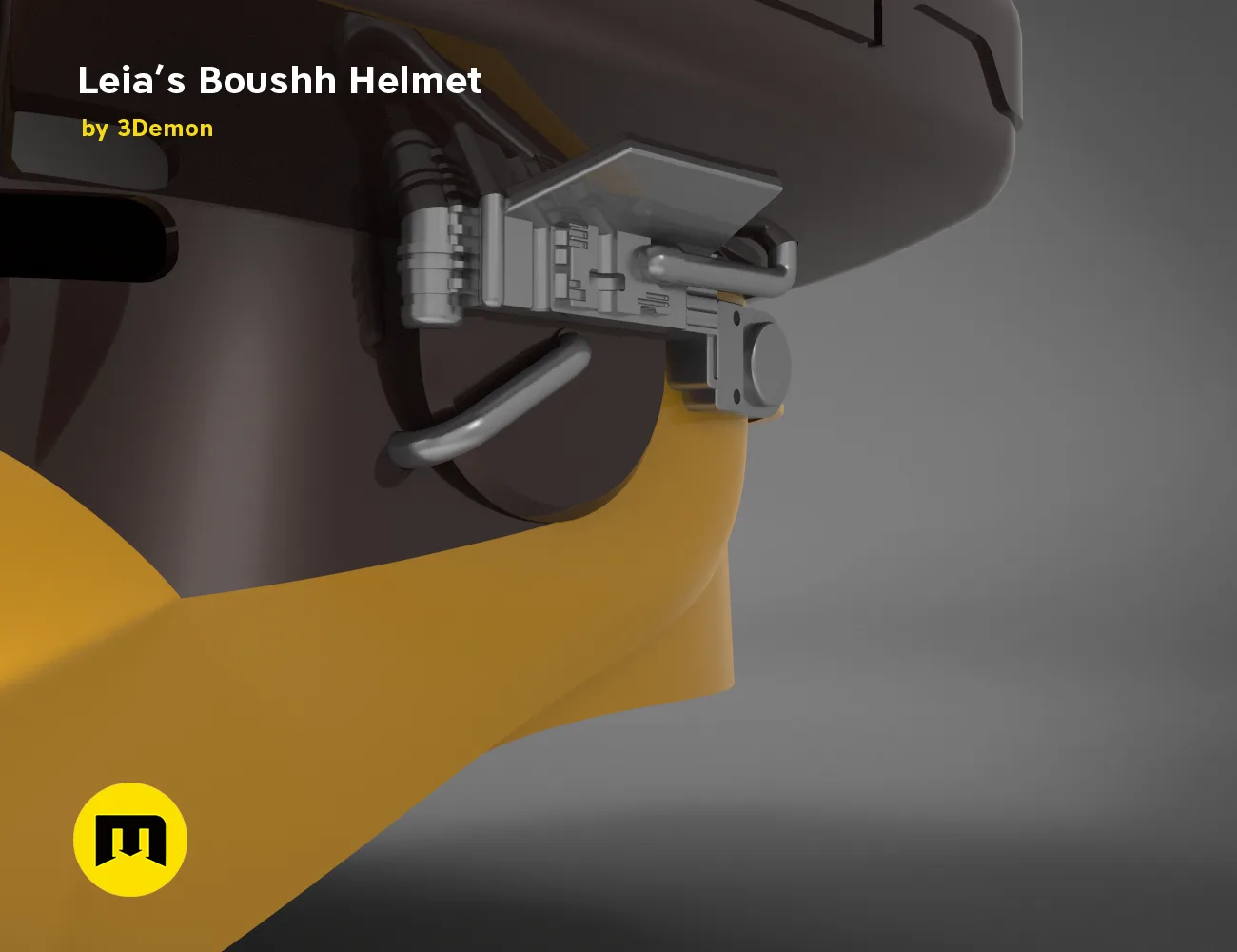 Leia's Boushh Helmet STL, silver 3D print cosplay prop, side view with hinge detail