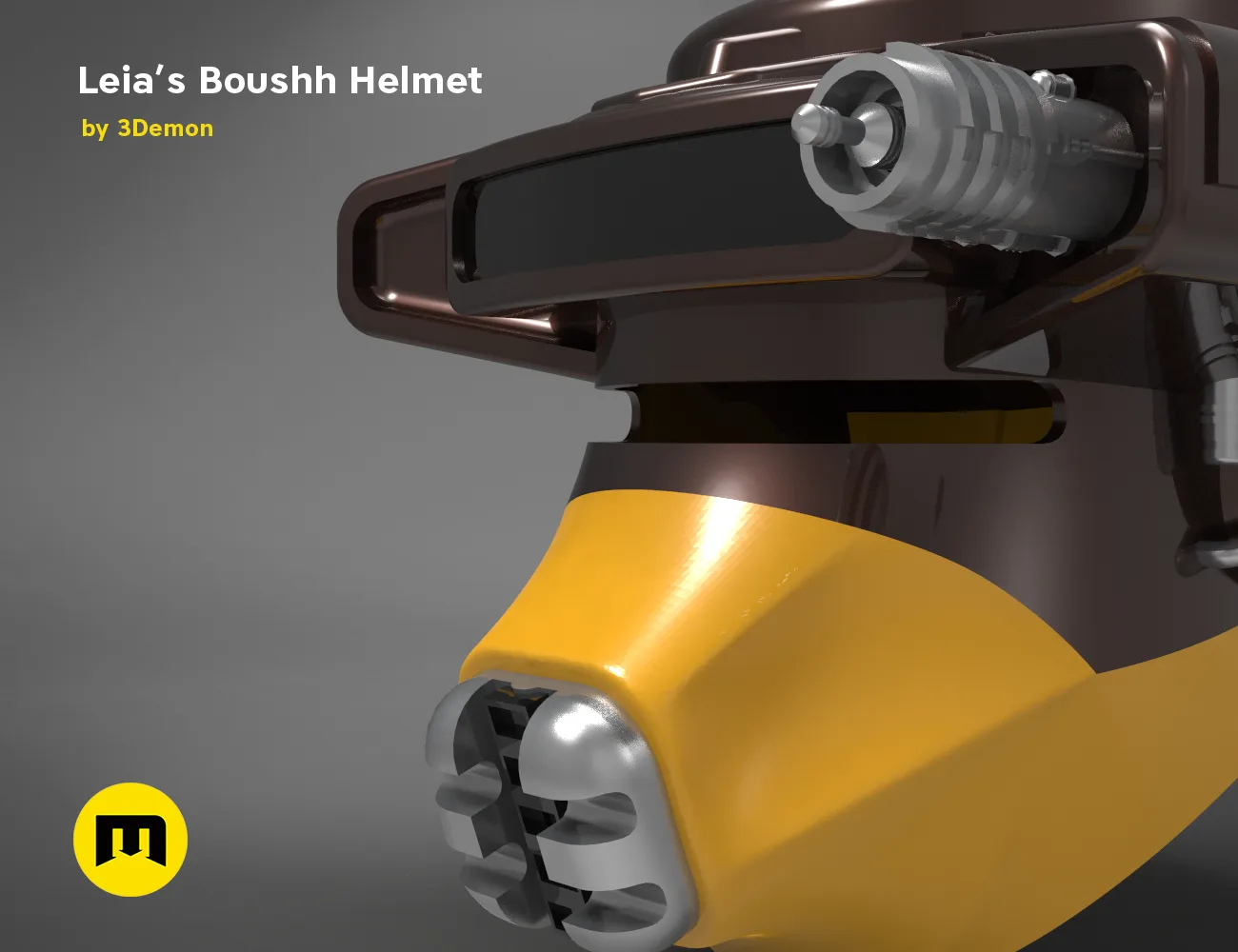 3D model render of Leia’s Boushh Helmet STL, yellow visor with silver emitter, 3D print cosplay prop.