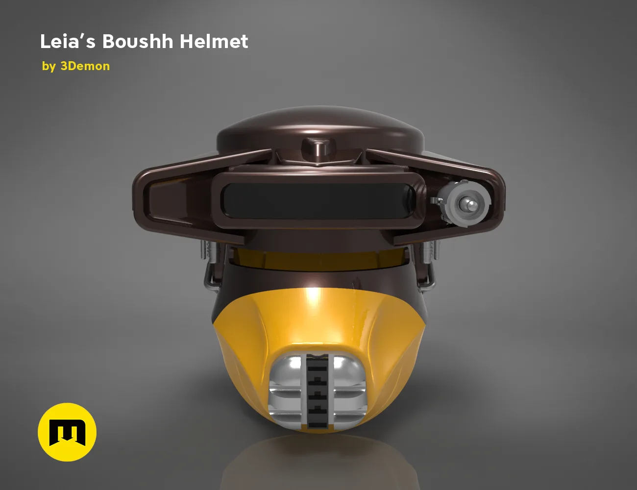Painted 3D render of Leia’s Boushh Helmet STL, yellow visor with chrome grill, 3D print cosplay prop.