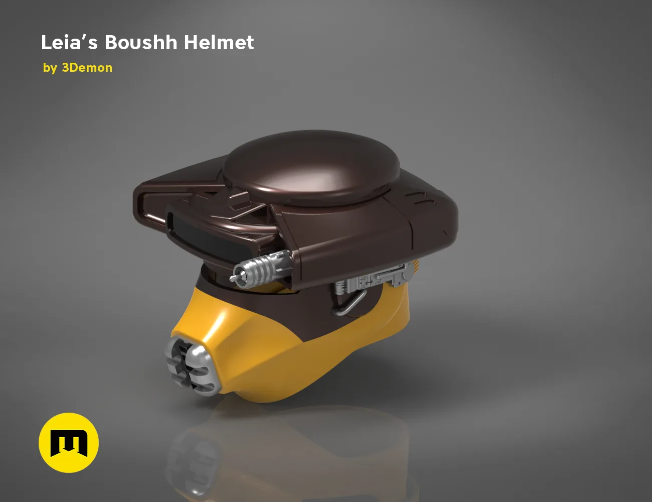 3D model of Leia's Boushh Helmet STL, brown dome and yellow base, 3D print cosplay prop.