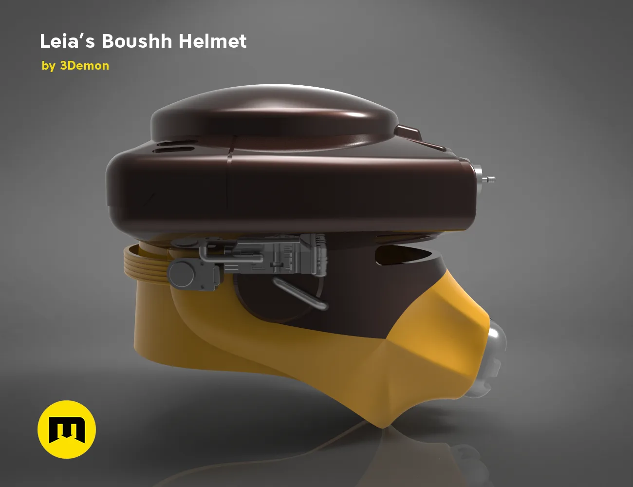 Painted 3D render of Leia's Boushh Helmet, brown dome with yellow visor, 3D print cosplay prop.
