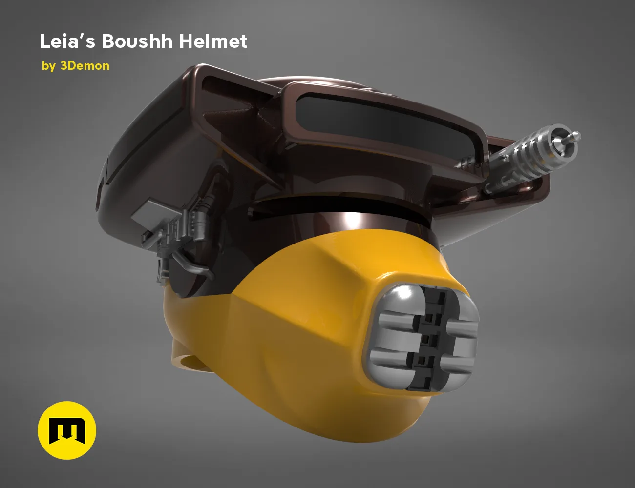 CGI render of Leia's Boushh Helmet STL, yellow and dark cosplay prop, side view 3D print