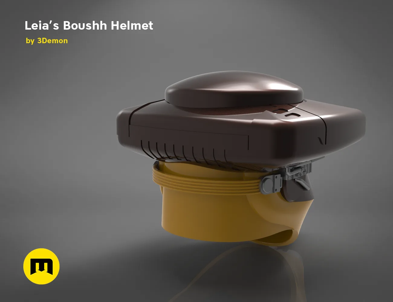 Painted 3D render of Leia’s Boushh Helmet, grey and gold cosplay prop, front view