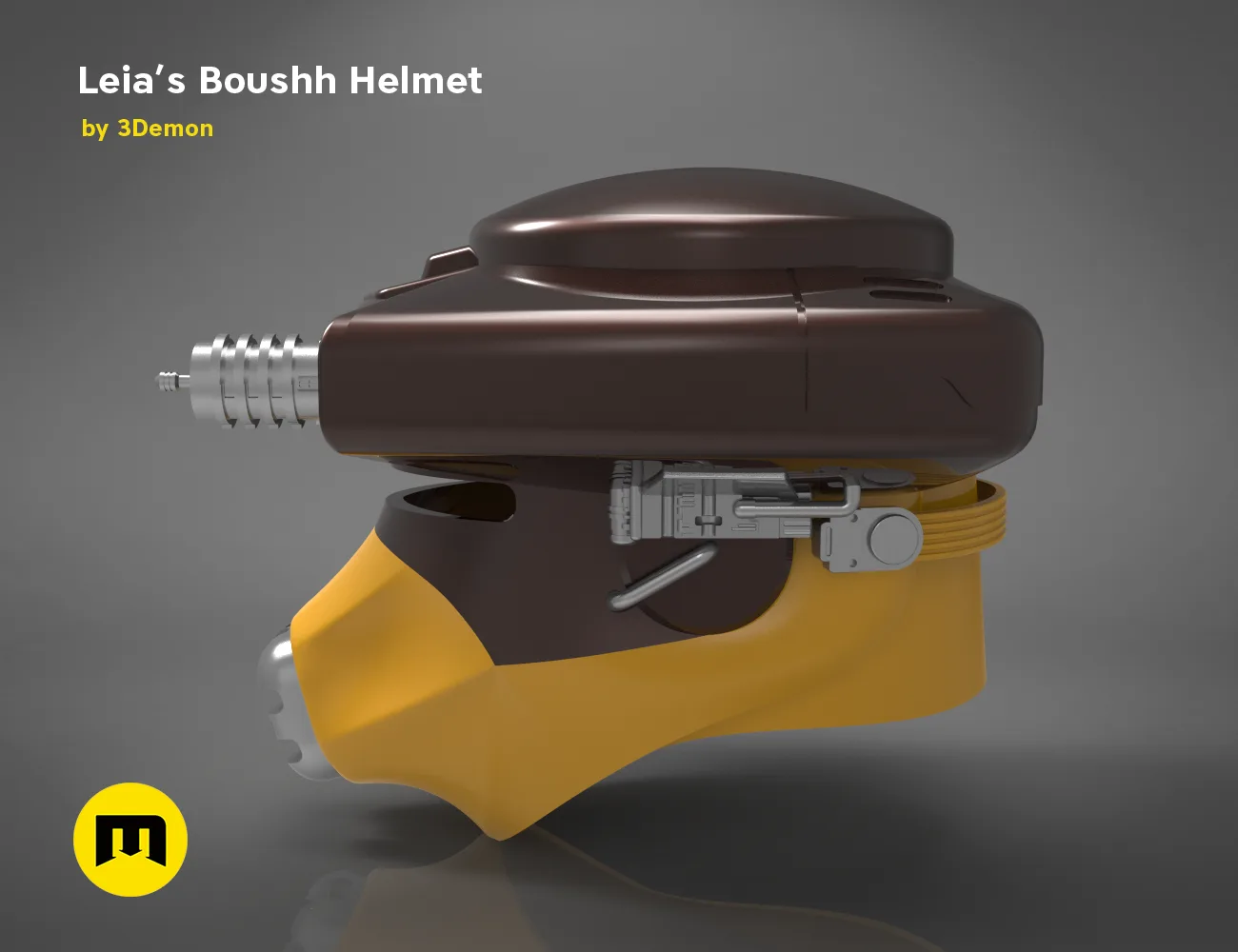 Painted 3D render of Leia’s Boushh Helmet STL, dark brown cosplay prop with yellow strap detail.