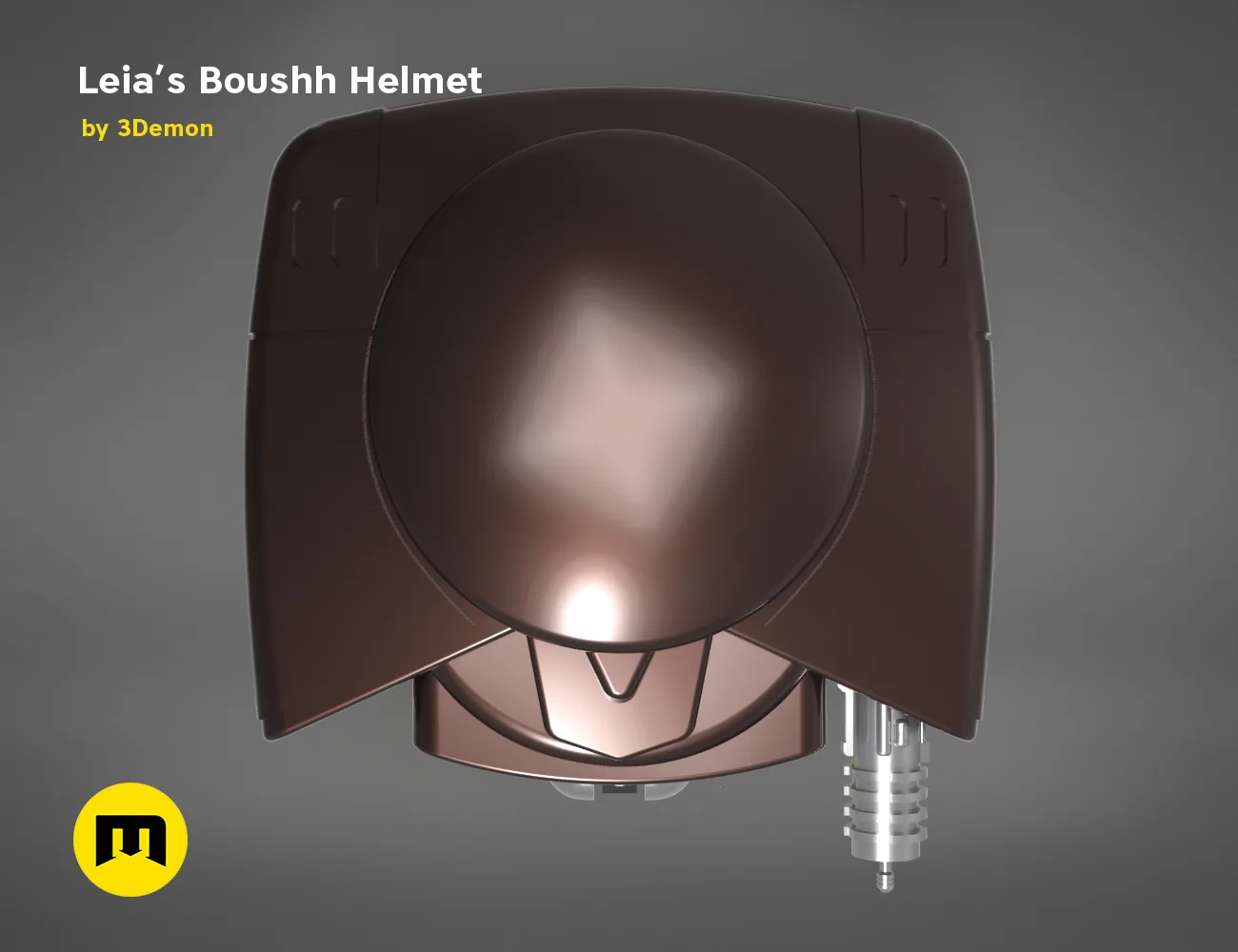 Digital 3D render of Leia’s Boushh Helmet STL, brown cosplay prop with glowing visor detail, 3D print.