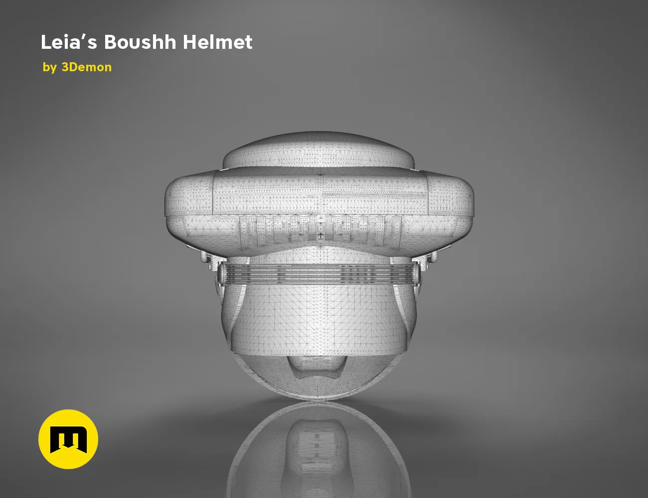 Wireframe mesh render of Leia’s Boushh Helmet STL, front mesh topology, 3D print cosplay prop