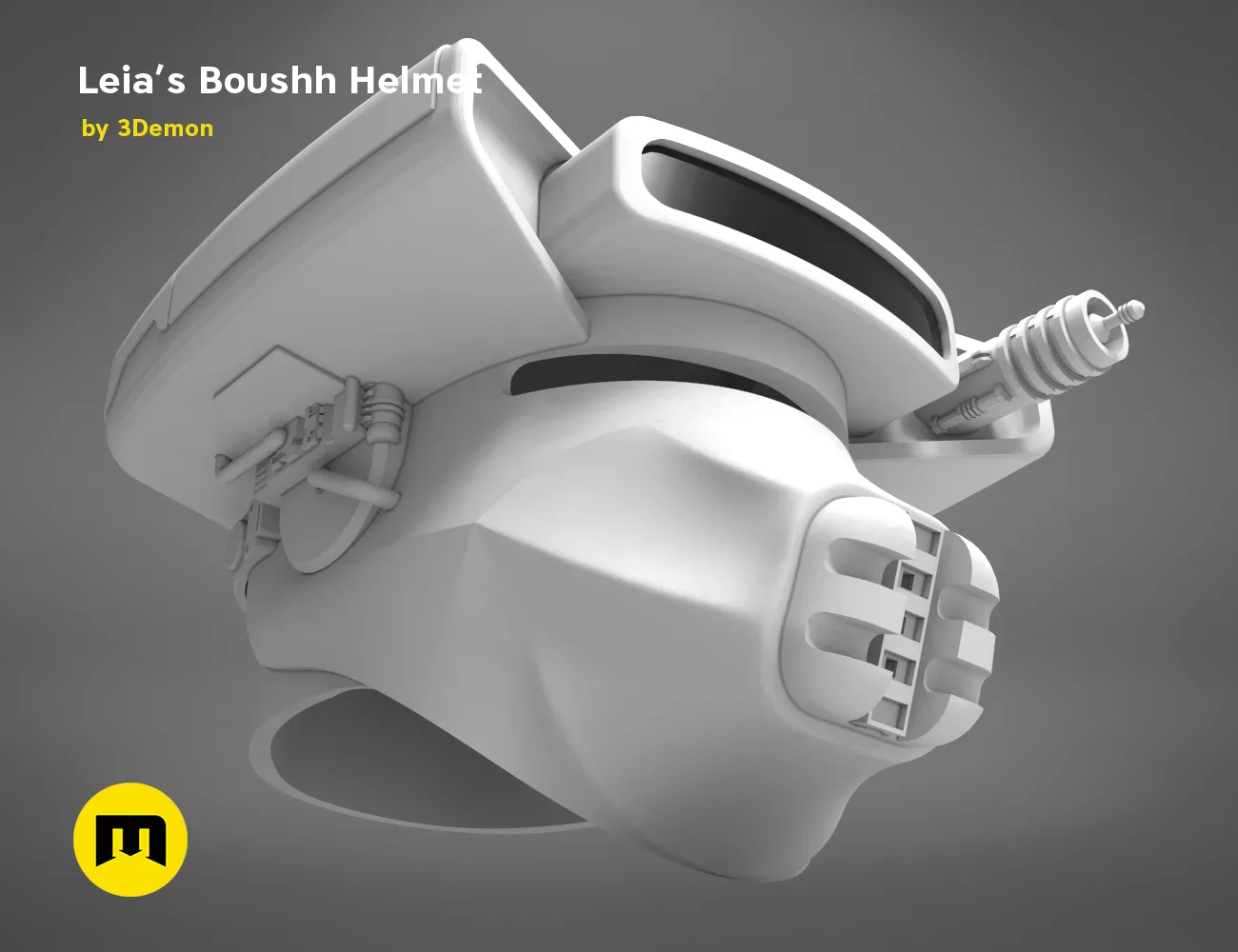 Leia's Boushh Helmet STL, white textured 3D render cosplay prop, side view