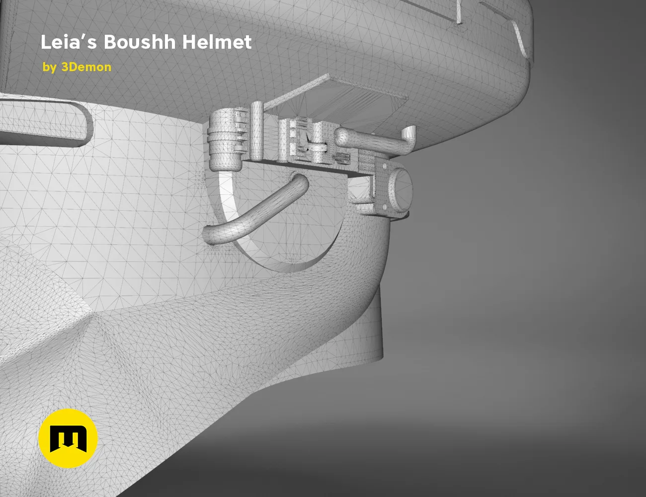 Wireframe mesh render of Leia’s Boushh Helmet STL, side polygon structure, 3D print cosplay prop