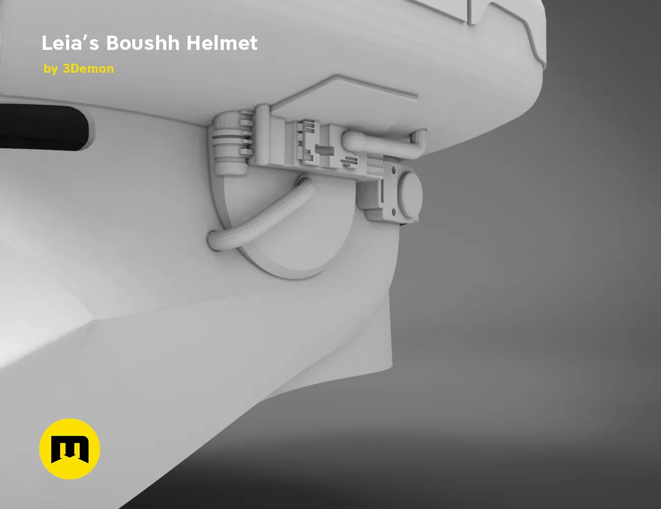 3D model render of Leia’s Boushh Helmet STL, white 3D print cosplay prop with side hinge detail.