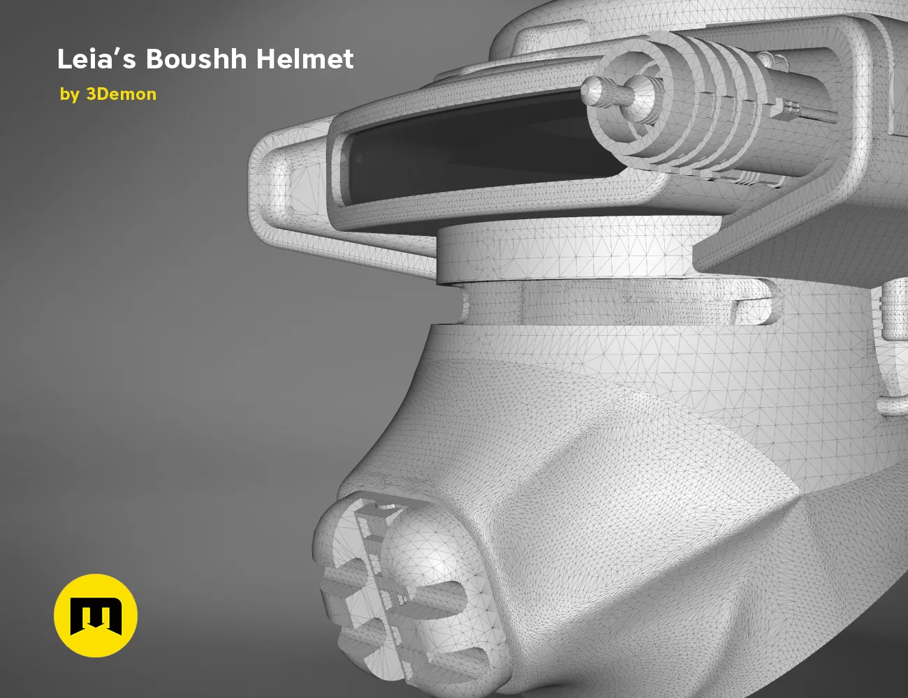 Wireframe mesh render of Leia's Boushh Helmet STL, side polygon structure, 3D print cosplay prop