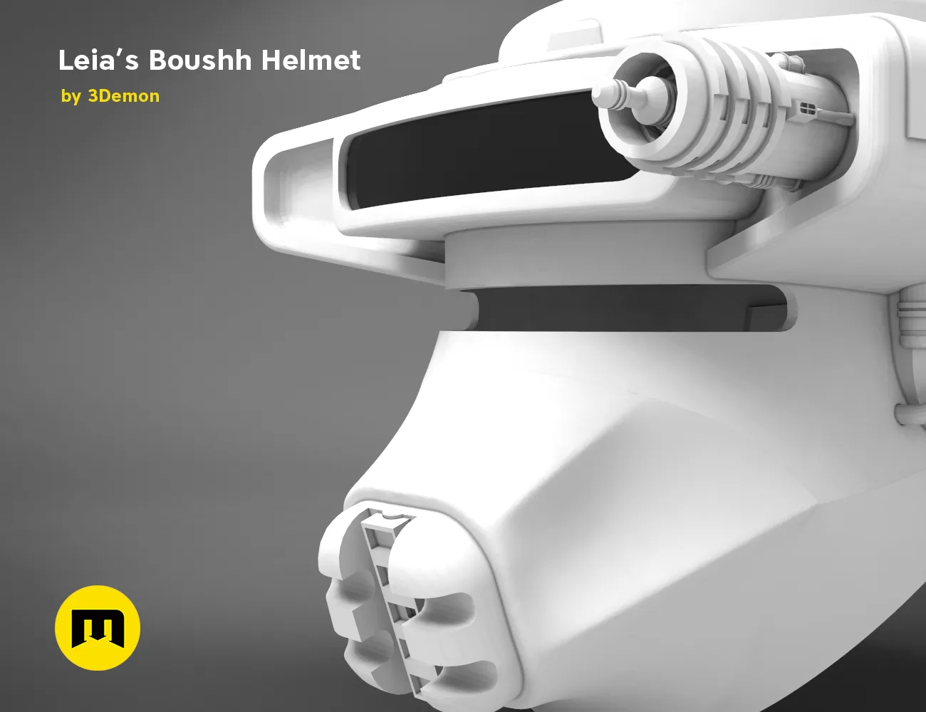 Leia's Boushh Helmet STL, white 3D printed cosplay prop, side view with vent detail