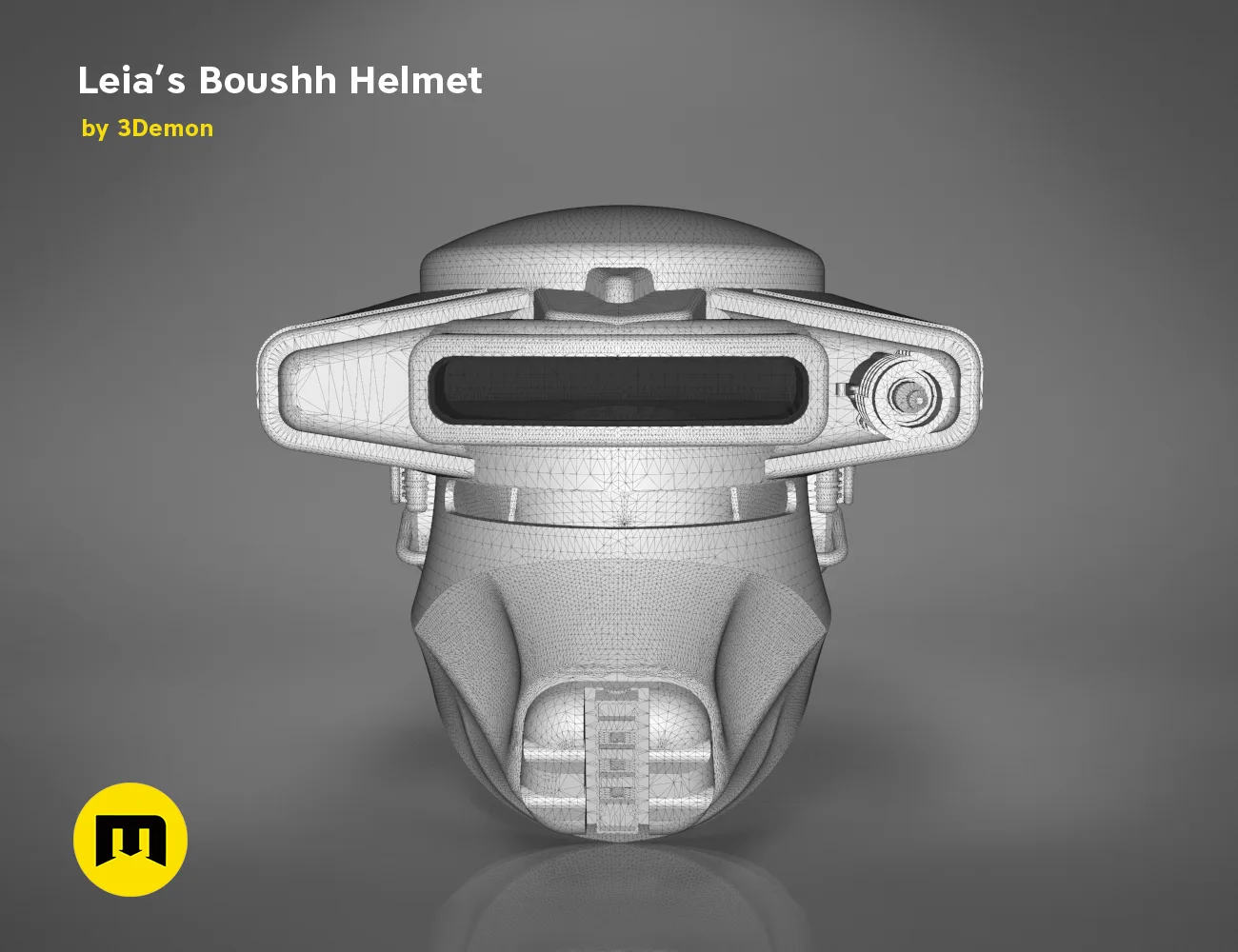 Wireframe mesh render of Leia’s Boushh Helmet STL, front view mesh topology, 3D print cosplay prop