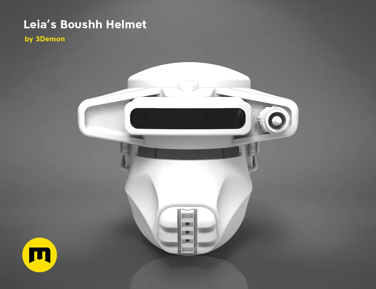 CGI render of Leia's Boushh Helmet STL, white 3D print cosplay prop, front view