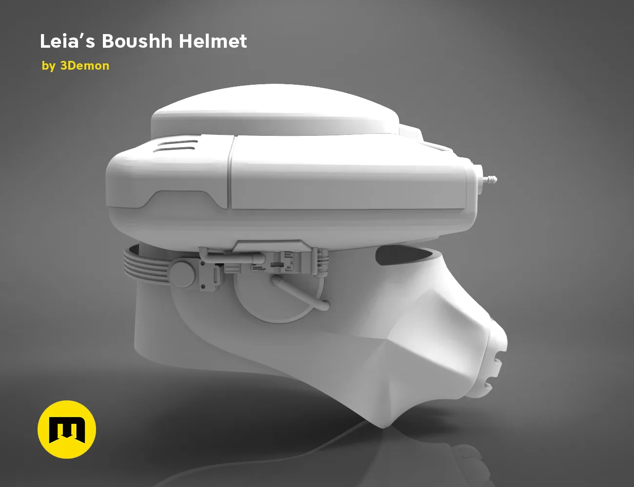 Rendered 3D model of Leia’s Boushh Helmet STL, white 3D print cosplay prop, side view.