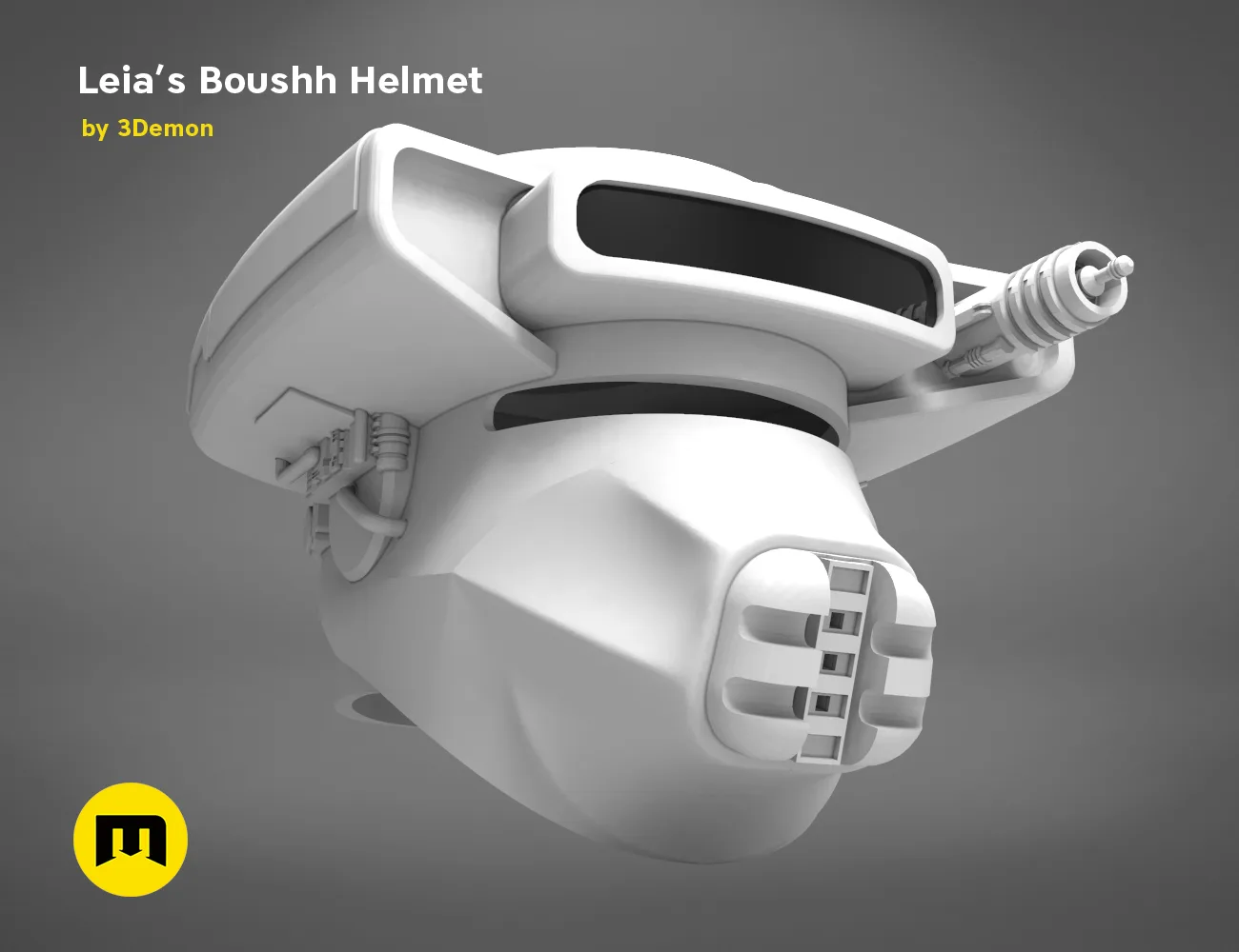 CAD render of Leia’s Boushh Helmet STL, white 3D print cosplay prop, side view with visor detail
