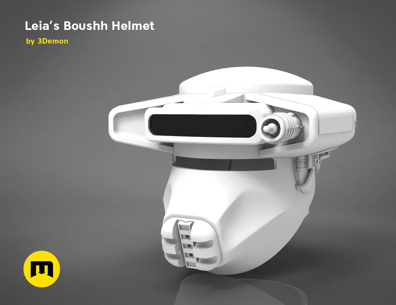3D visualization of Leia's Boushh Helmet STL, white 3D printed cosplay prop, front view