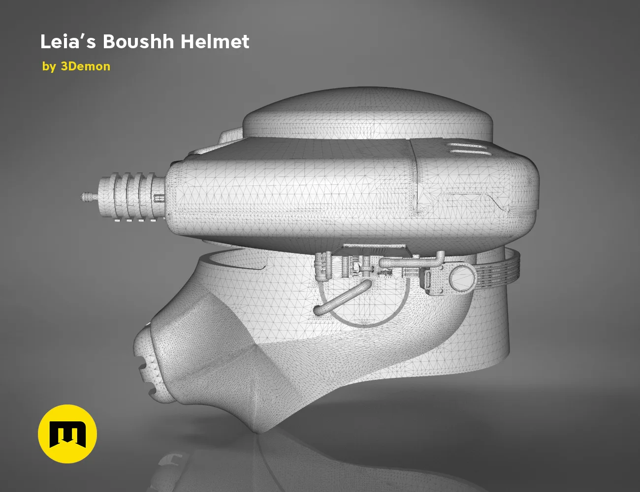 Wireframe mesh render of Leia’s Boushh Helmet STL, side polygon structure, 3D print cosplay prop