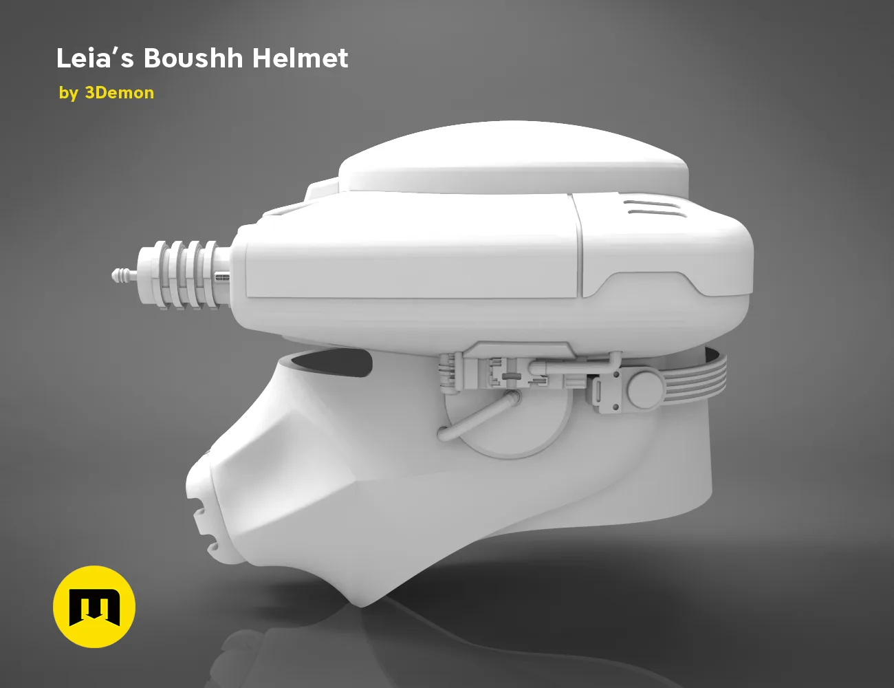 Painted 3D render of Leia’s Boushh Helmet, white cosplay prop with side detail, 3D print
