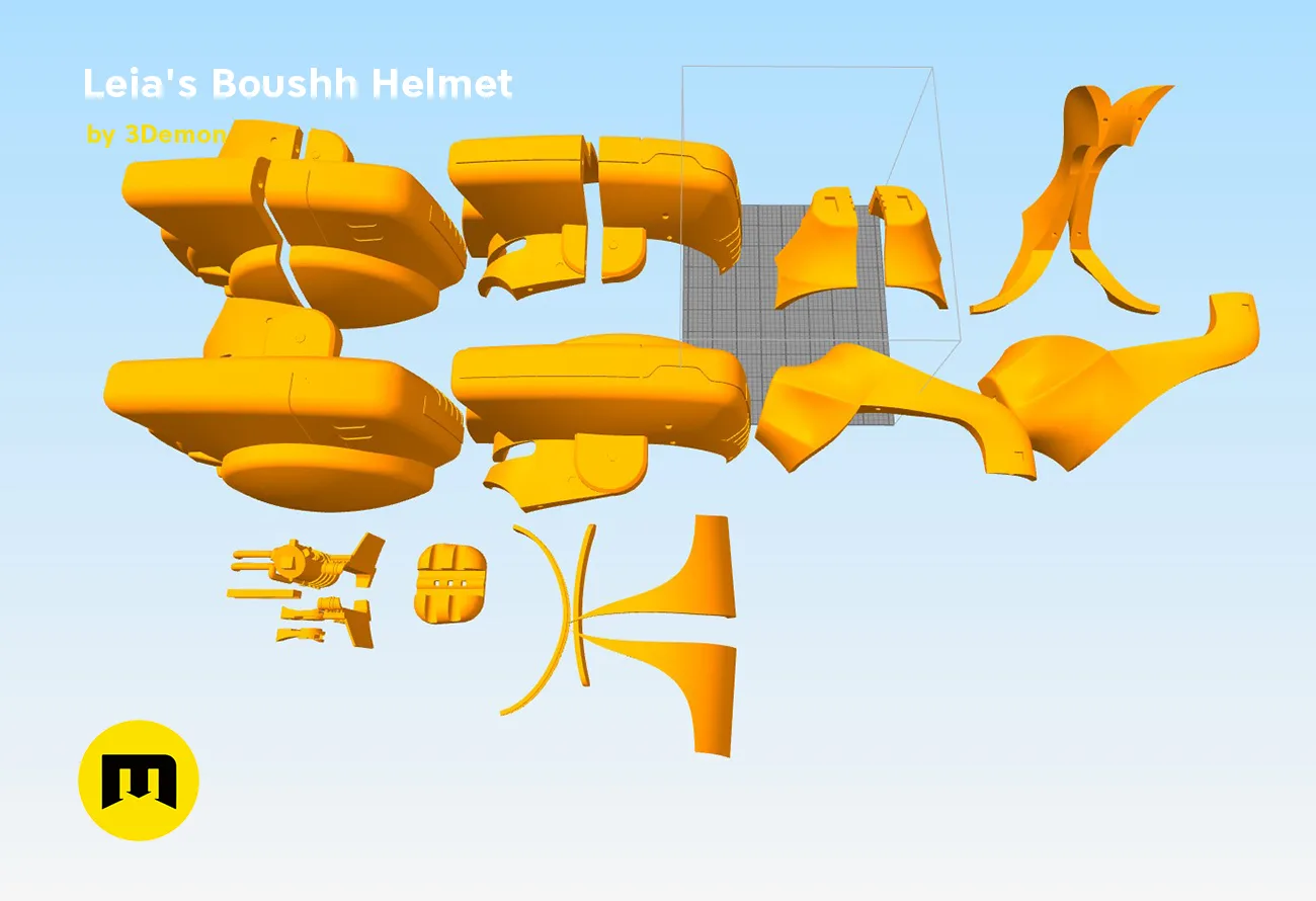 Leia's Boushh Helmet STL, exploded view of orange 3D print cosplay prop parts