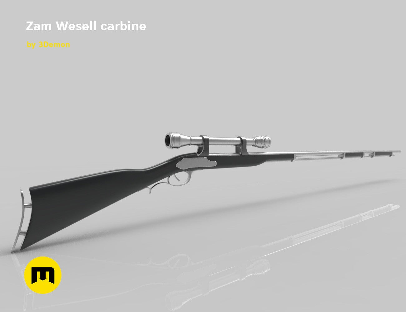 Printable 3D model of Zam Wesell carbine, black textured 3D print cosplay prop, side view