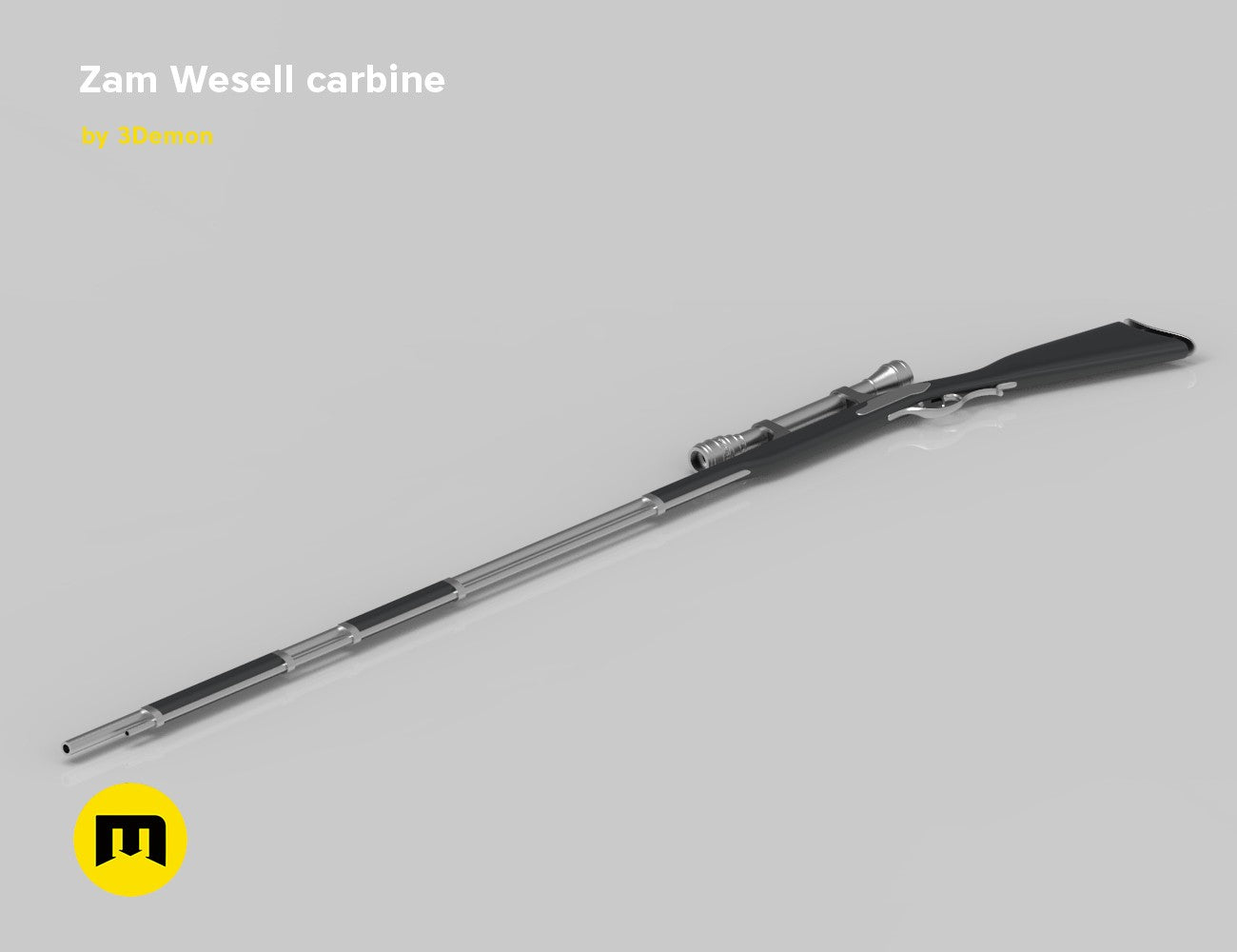 STL preview of Zam Wesell carbine, black textured 3D print cosplay prop, side view