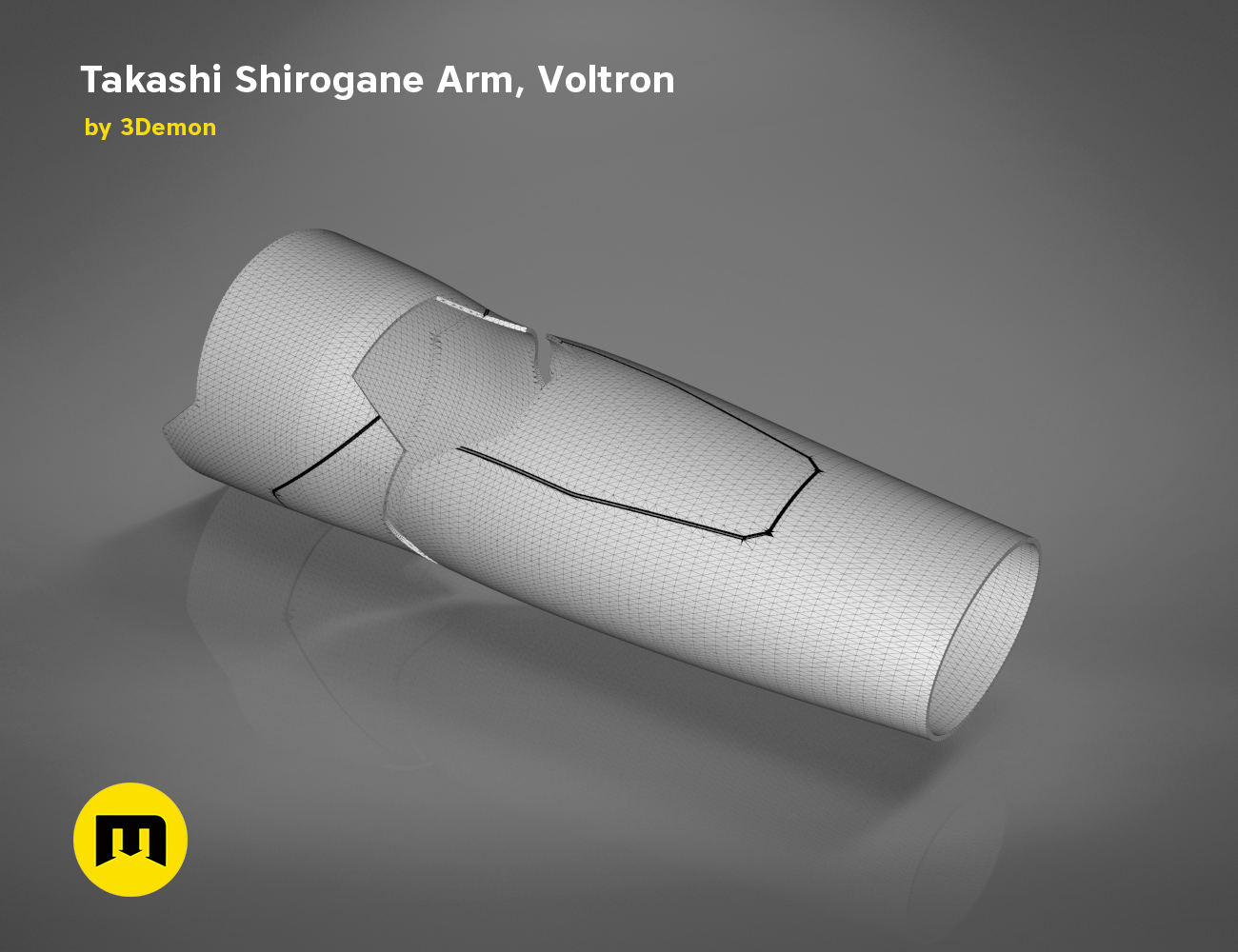 Takashi Shirogane Arm from Voltron STL, grey wireframe mesh render, 3D print cosplay prop