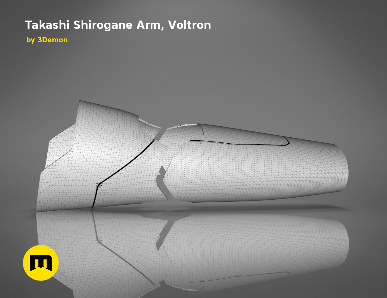 Takashi Shirogane Arm from Voltron STL, grey wireframe mesh render, 3D print cosplay prop