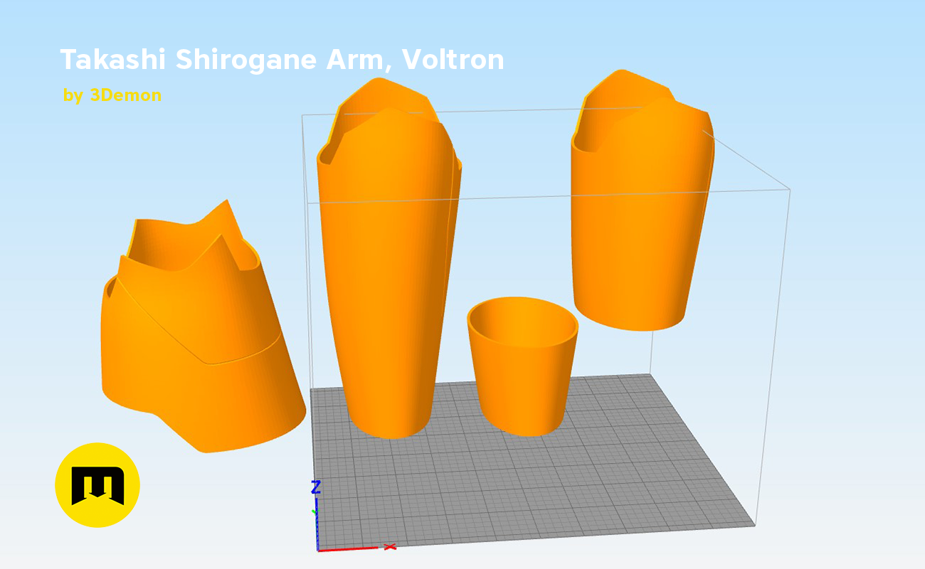 Takashi Shirogane Arm from Voltron STL, exploded view of orange 3D printed cosplay prop parts