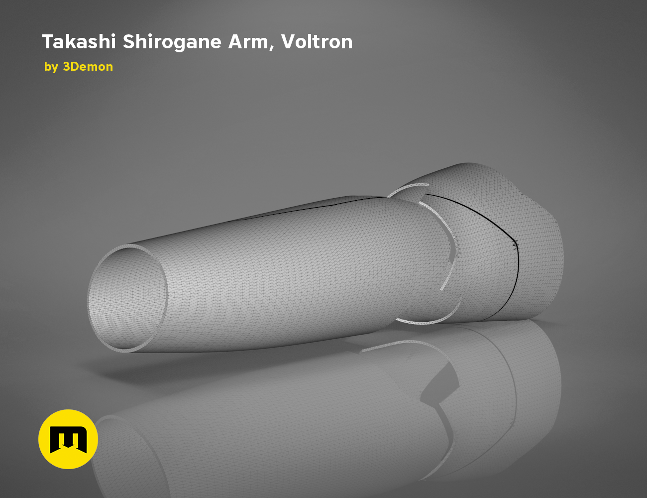 Wireframe mesh render of Takashi Shirogane Arm STL, segmented Voltron cosplay prop mesh.