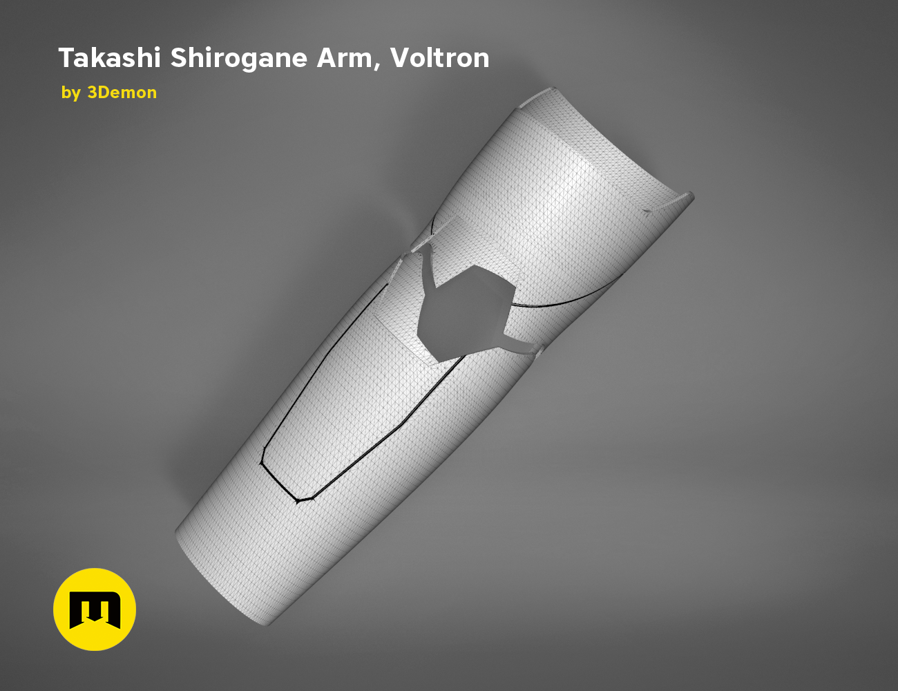 Wireframe mesh render of Takashi Shirogane Arm STL, side polygon structure, 3D print cosplay prop