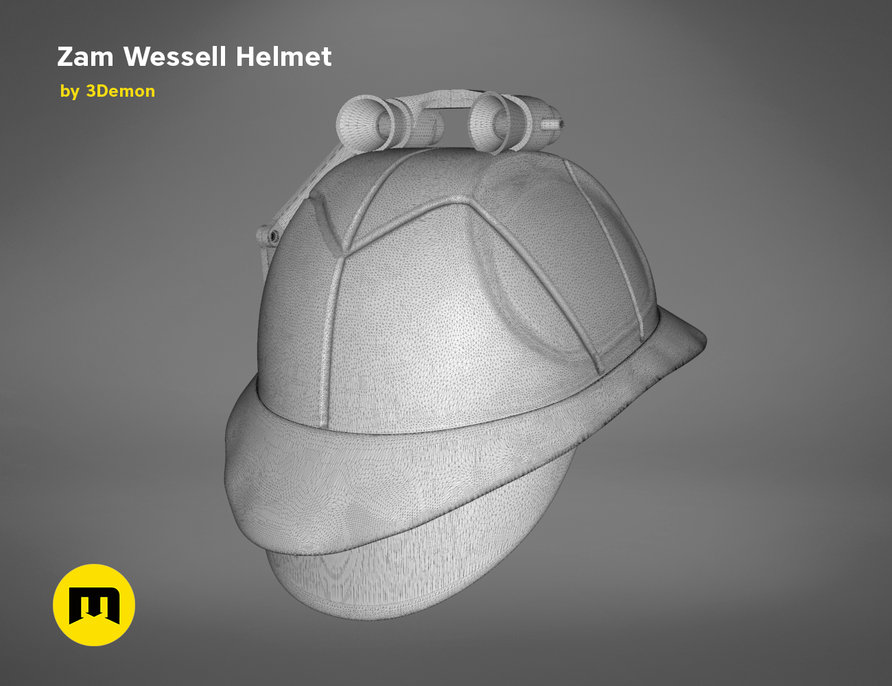 3D print preview of Zam Wesell Helmet STL, grey wireframe mesh render with chin strap detail, 3D print accessory