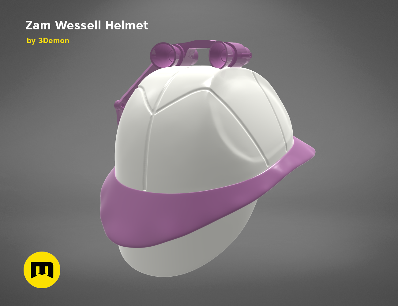 STL preview of Zam Wesell Helmet, purple and white 3D printed cosplay accessory, front view