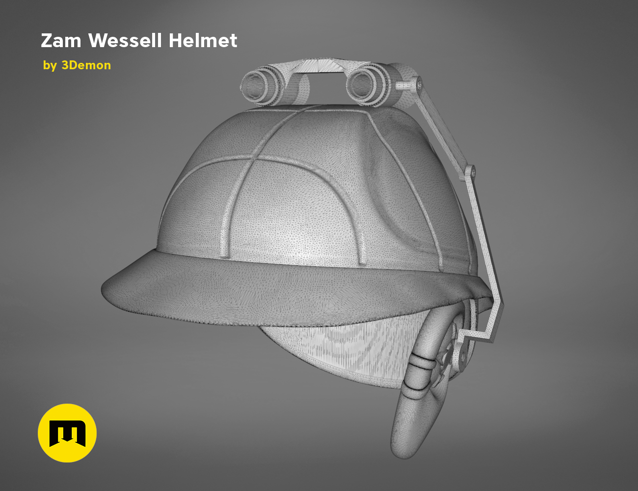 Zam Wesell Bundle STL, grey wireframe mesh render of helmet with visor straps, 3D print cosplay prop